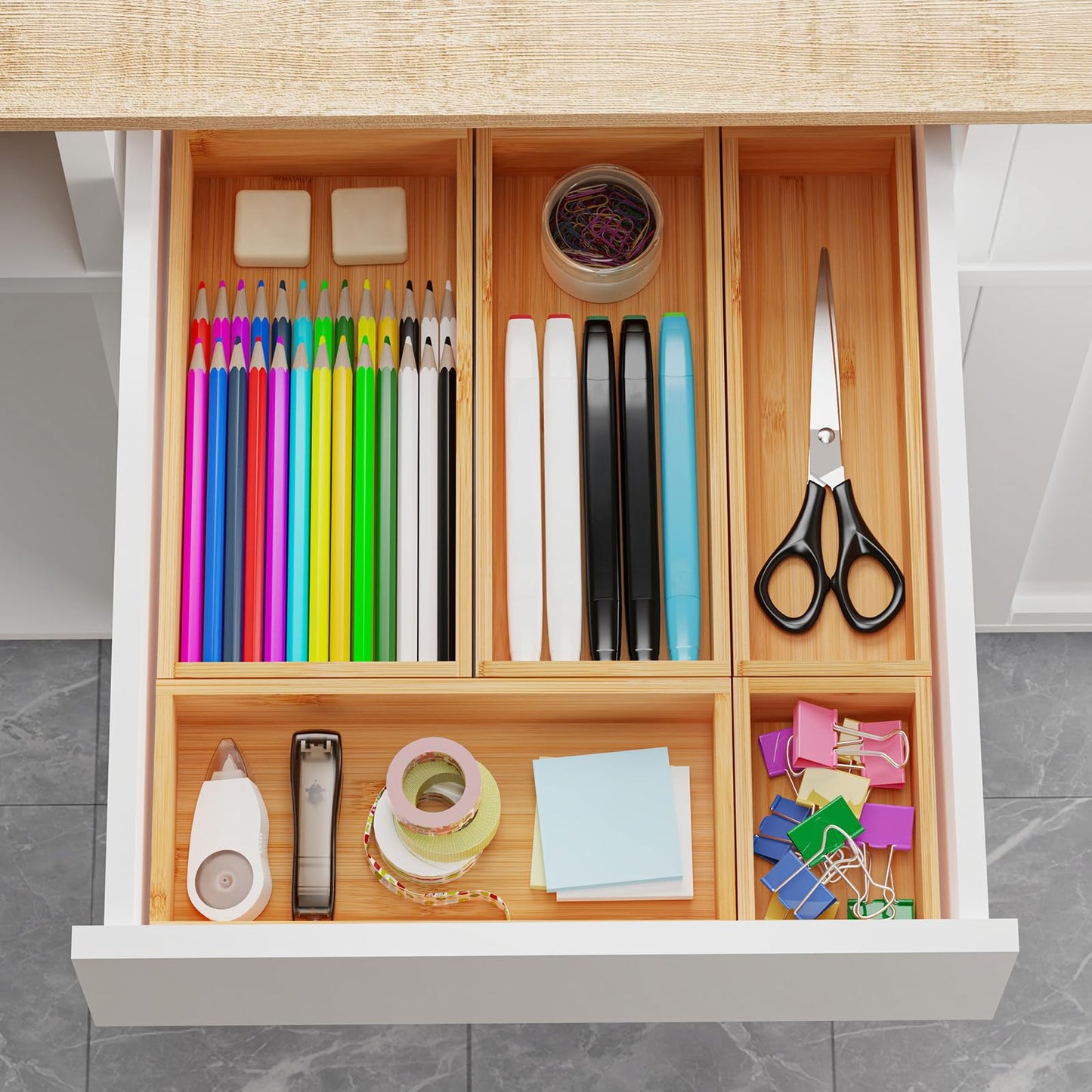 HUCINIUN Bamboo Drawer Organizer Boxes, 5 PCS Junk Drawer Organizer, Wooden Storage Trays for Kitchen, Bathroom, Office, Makeup