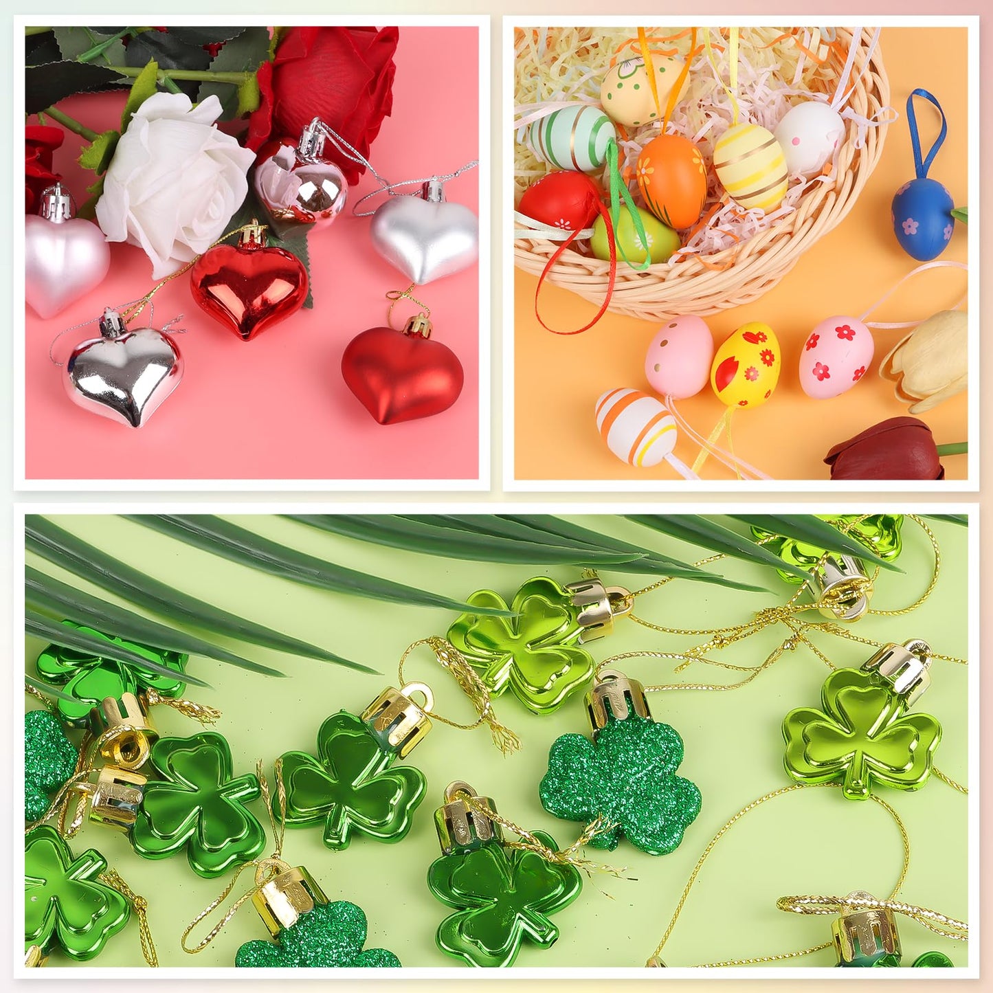 CCINEE 72pcs Easter Egg Hanging Sets for Easter Holiday Decorations, Shamrock Mini Hearts Valentine's Day Heart Shaped Ornaments for Tree St Patricks Day Party