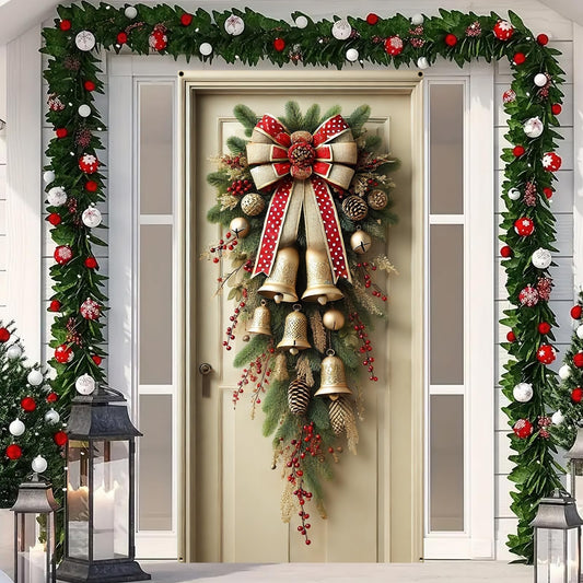 BlissYard Christmas Door Cover 71x35 Inch with Golden Bells and Red Bow Rustic Winter Door Banner for Front Porch, Indoor Outdoor Holiday Decoration, Christmas Door Hanging Cover, Farmhouse Entry Decor