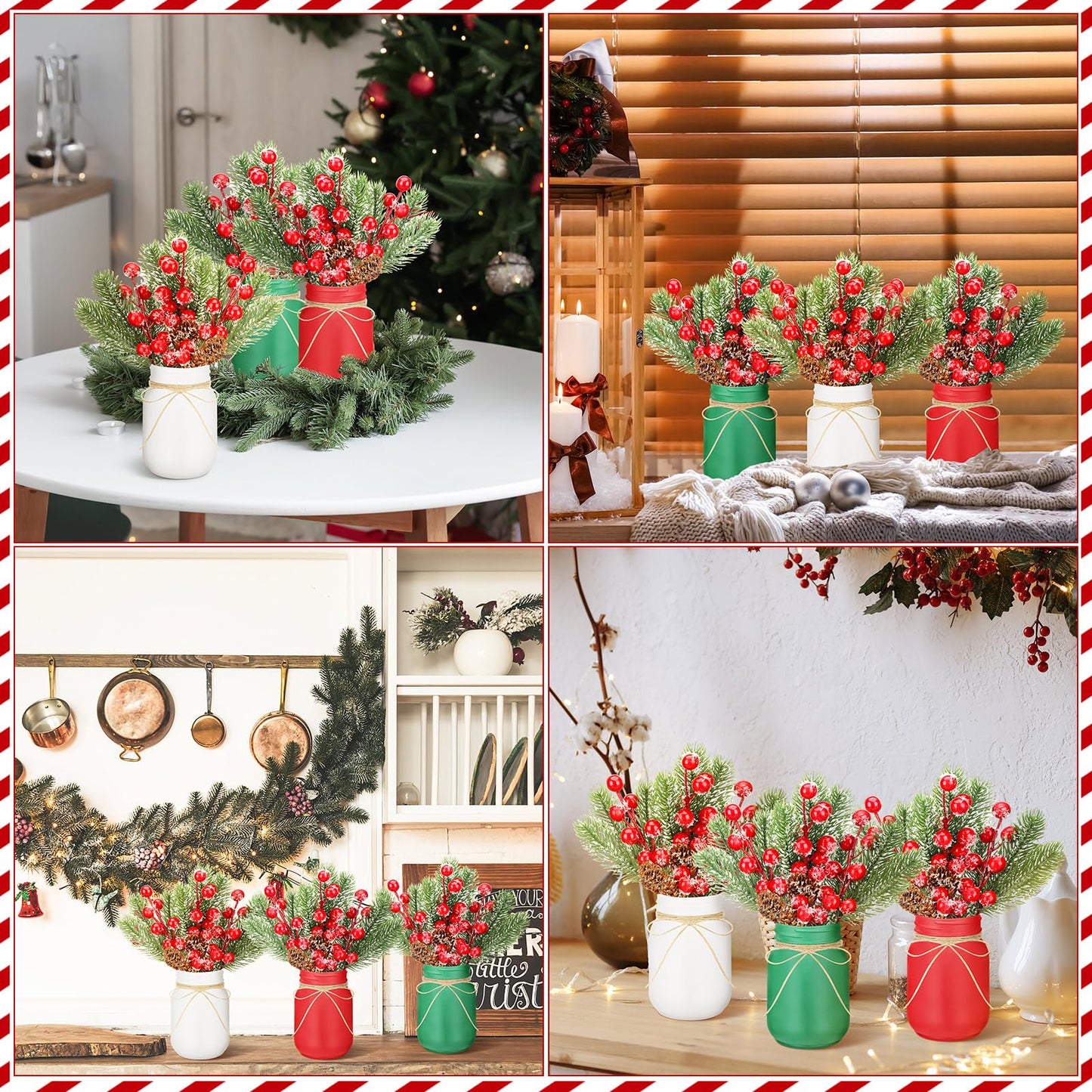 Jexine 12 Pcs Christmas Mason Jar Centerpieces Table Decor with Artificial Snow Pine Cone Red Berry Xmas Wooden Sign for Holiday Farmhouse Home Dining Table Kitchen Tiered Tray Decor