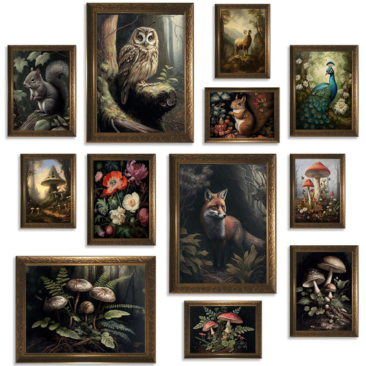 Dark Cottagecore Room Decor Aesthetic-Cottagecore Wall Decor Living Room,Dark Academia Wall Art,Moody Forest Botanical Canvas Art Prints,Grunge Fairycore Room Decor Nature Mushroom Posters Vintage Animal Pictures for Bedroom Dorm Decor,UNFRAMED