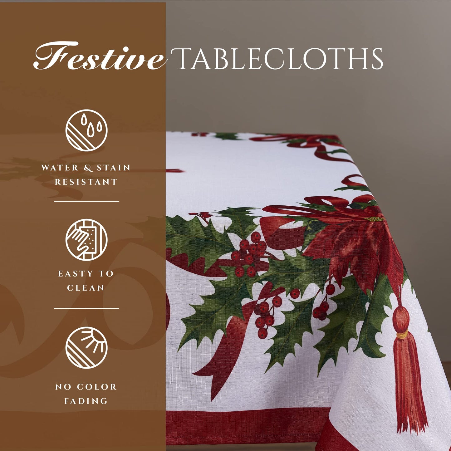 Kadut Christmas Ribbon Tablecloth (60 x 102 Inch) for 6 Foot Rectangle Tables, Heavy Duty Fabric, Stain Proof Xmas Ribbon Table Cloth for Harvest, Holiday, and Fall, & Christmas Dinner.