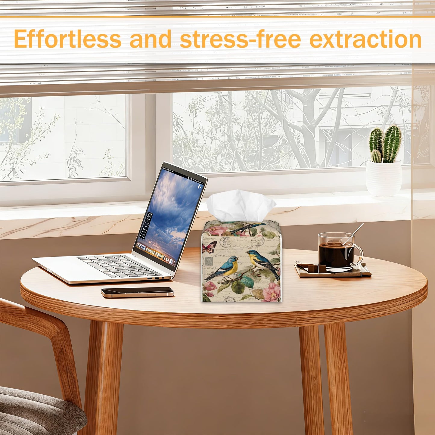 Spring Bird 2 Pcs Tissue Box Cover Square Leather Tissue Case Holder Facial Paper Organizer Decorative for Bathroom Kitchen Car Office Home Decor