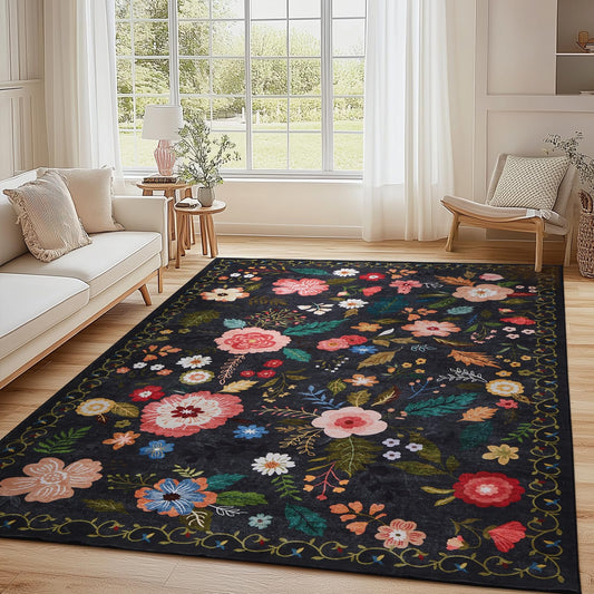 Rug for Living Room, 3X5 Area Rug Floral Vintage Rug for Bedroom Non-Slip Non Shedding Indoor Floor Carpet, Low Pile Foldable Stain Resistant Carpet for Dining Room, Office, Home Decor, Black