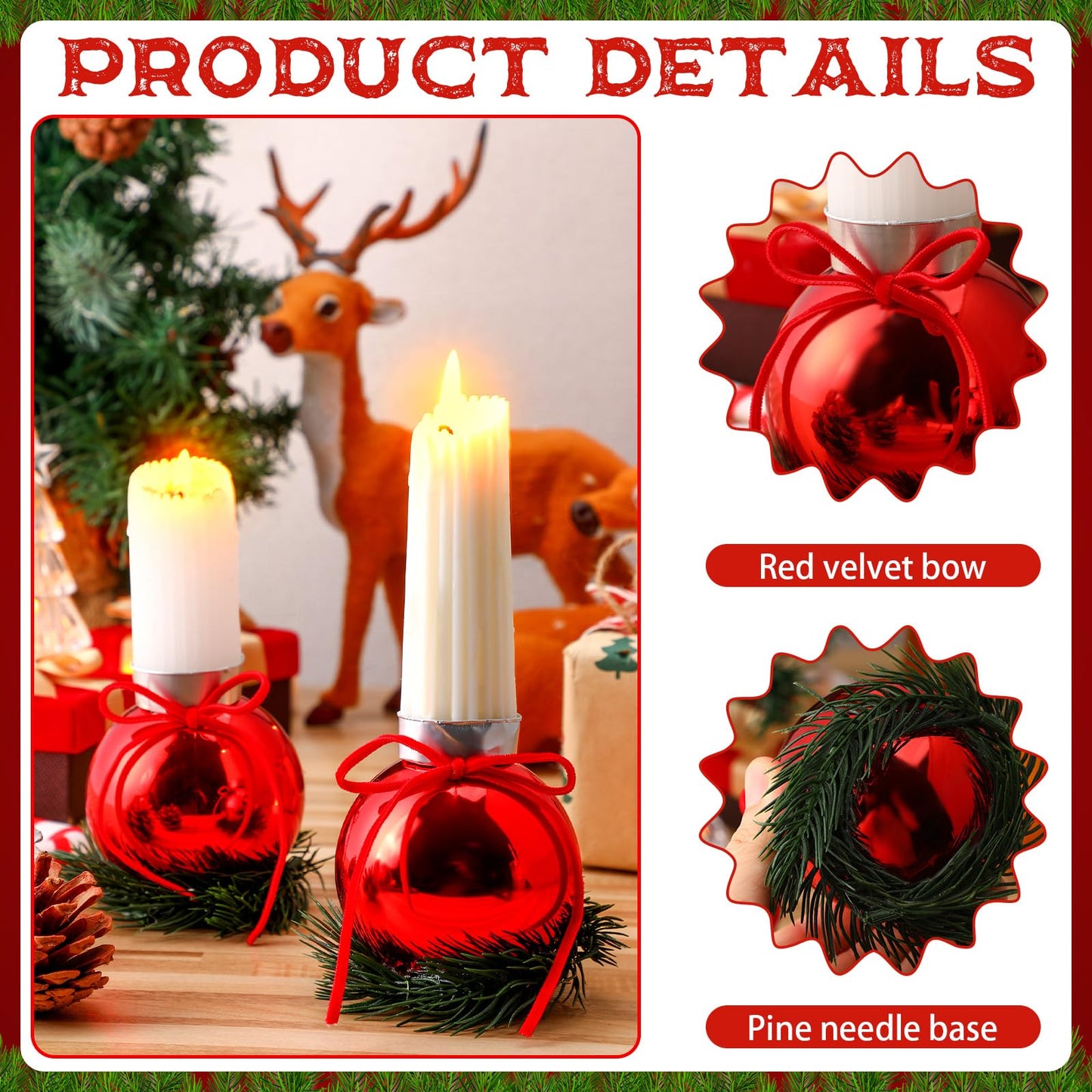 Suncalla 6 Pcs Red Christmas Tealight Candle Holder Christmas Dinner Table Decorations Ball Candlestick Holder with Bow and Wreath for Party Indoor Decorations
