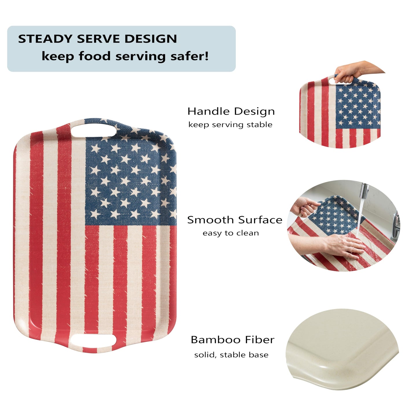 KINGEN 2-Pack Patriotic Bamboo Fiber Serving Trays - 18×13-inch Extra Large w/Handles Tray, Stars & Stripes Platters for 4th of July, Christmas, Birthday, BBQ, Party - Red, White & Blue Decor
