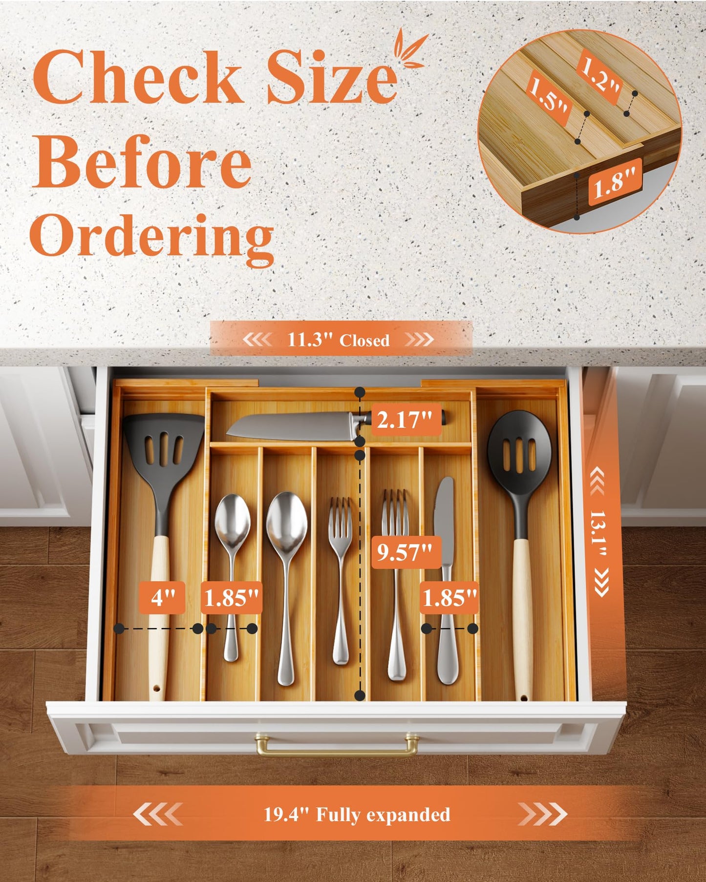 Kitsure Large Bamboo Silverware Organizer - Expandable Drawer Organizer for Utensil, Cutlery and Flatware, Kitchen Storage Solution with 6 to 8 Slots, Natural, 19.4" × 13.1" × 1.8"