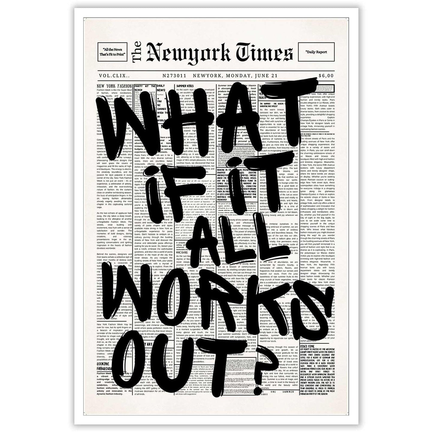 Retro Black And White Newspaper Poster What If It All Works Out Canvas Wall Art Positive Affirming Quote Minimalist Prints Painting For Home Bedroom Dorm Wall Decor 12x16in Unframed