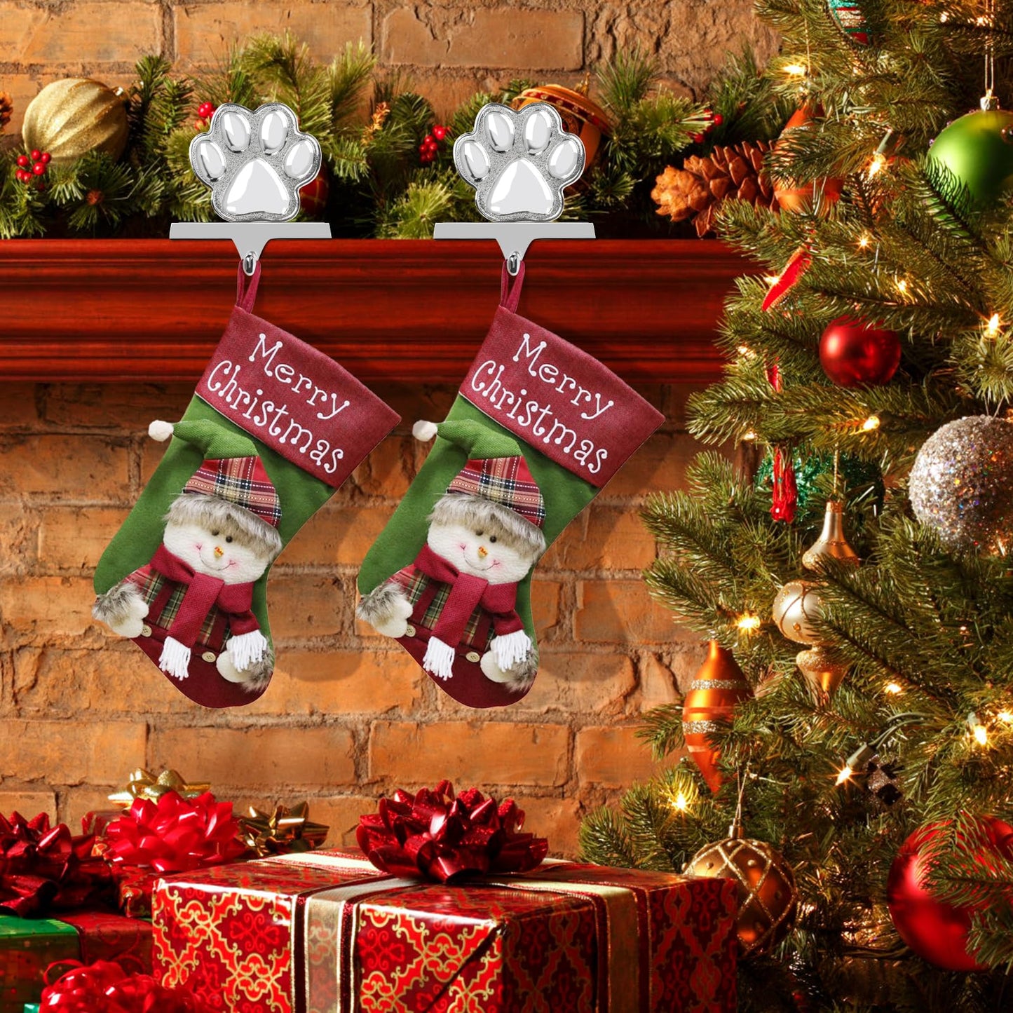 Fowecelt Dog Paw Christmas Stocking Holder, 3D Silver Metal Mantel Stocking Hanger for Mantel Shelf Stand Table Christmas Decor