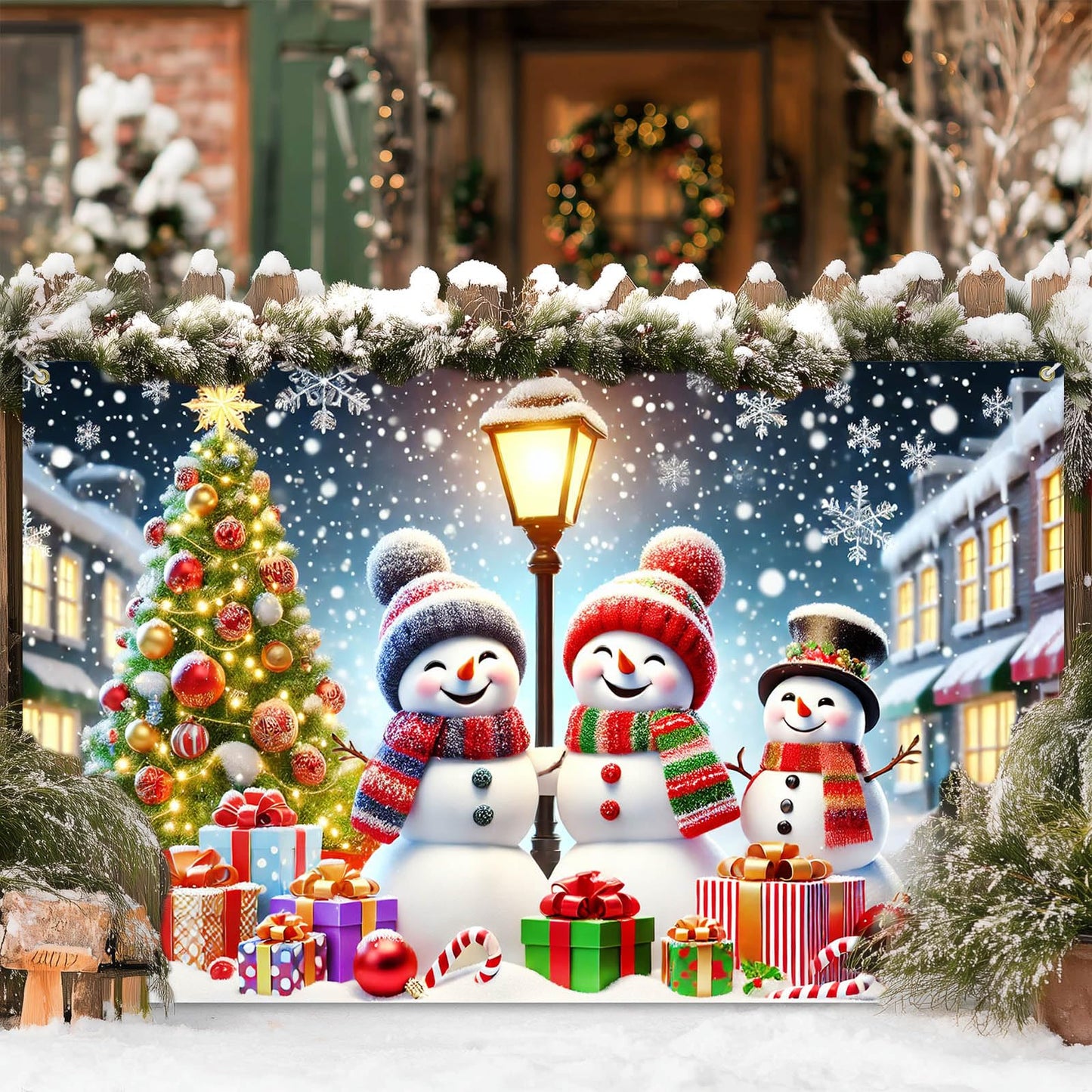 BlissYard Winter Christmas Snowman Banner Backdrop 71x43 Inch Holiday Wall Decoration with Snowy Night Tree Streetlight and Gift Scene for Indoor Party Display Merry Christmas Home Decor