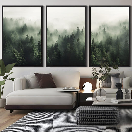 SHENIFY Green Fog Pine Tree Forest Canvas Wall Art Large 24x36in Framed Modern Artwork Prints Decor - Black Framed