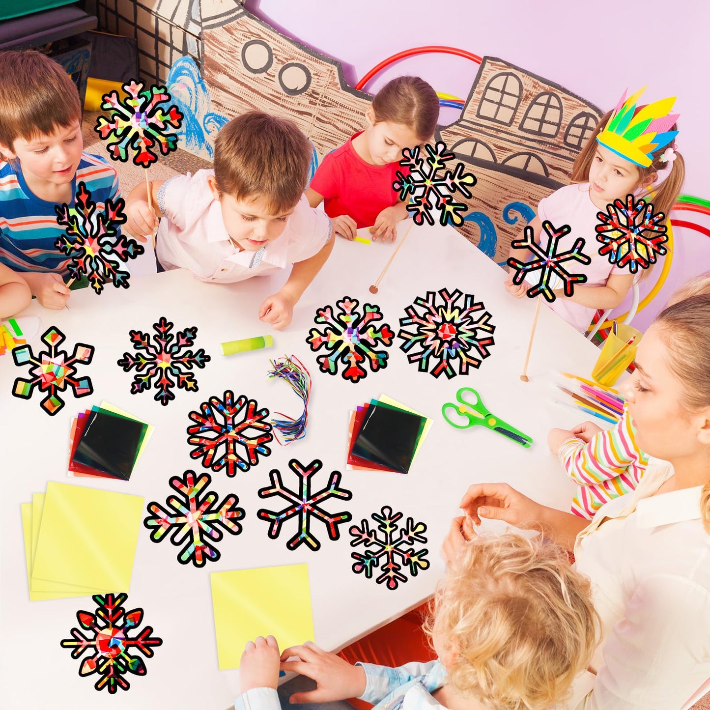 EggSun 36 Sets Winter Snowflake Suncatchers Craft Kit for Kids Ornaments Stained Glass Effect Window Arts and Crafts Kit for Classroom Holiday Birthday Projects Home Favors Decorations Ages 4 8 12