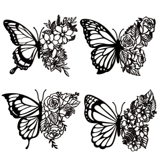 Pelopy 4 Pcs Butterfly Metal Wall Decor Boho Butterfly Decoration Wall Art Iron Hanging Wall Decor Flower Wall Art for Bedroom Living Room Home Wall Indoor Outdoor Farmhouse Black