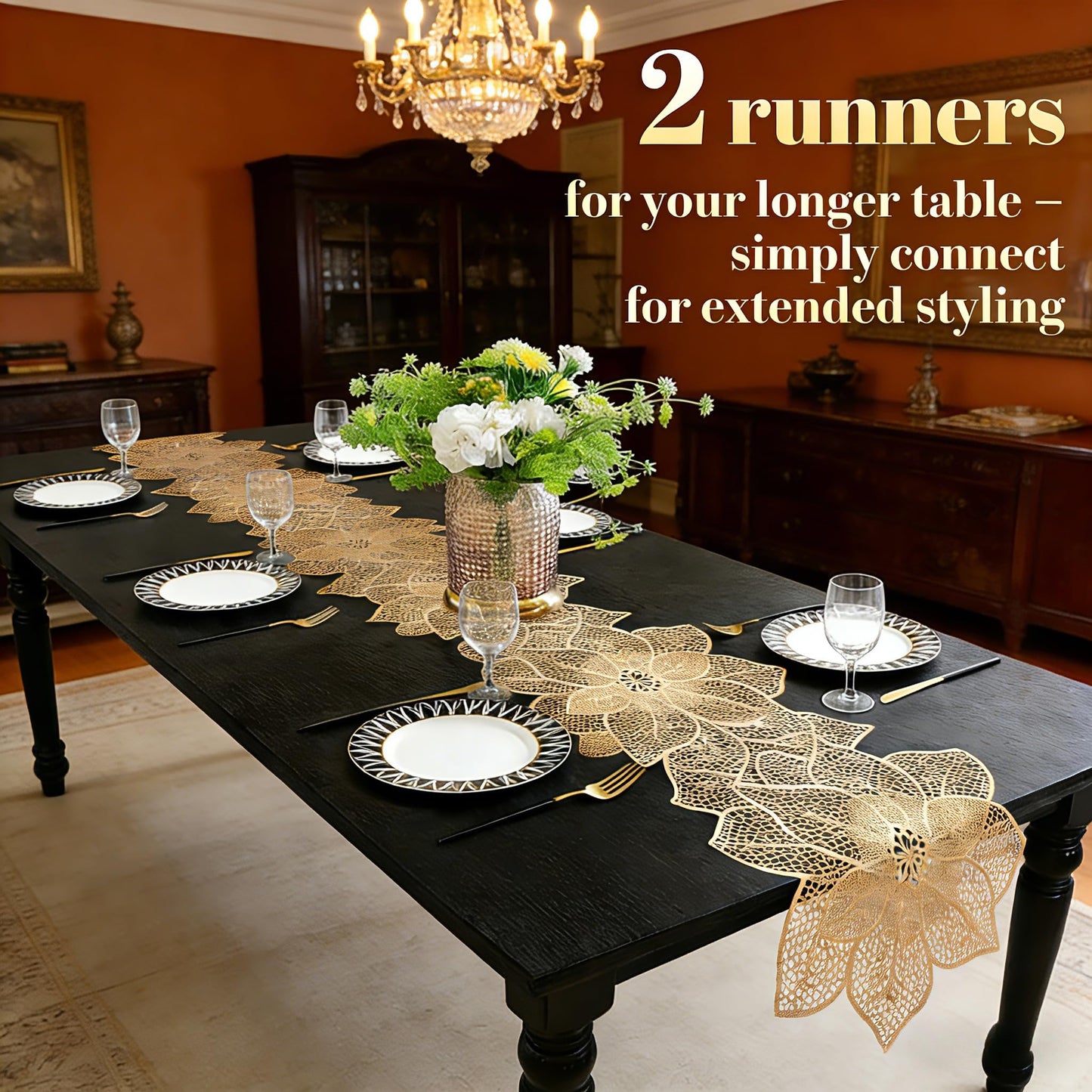 FAVE Gold Table Runner 36 Inches Flower Shaped Dining Table Runner Waterproof Washable for Wedding Banquet Birthday Party Restaurant Decor and Daily Ues(Gold Flower Shaped)
