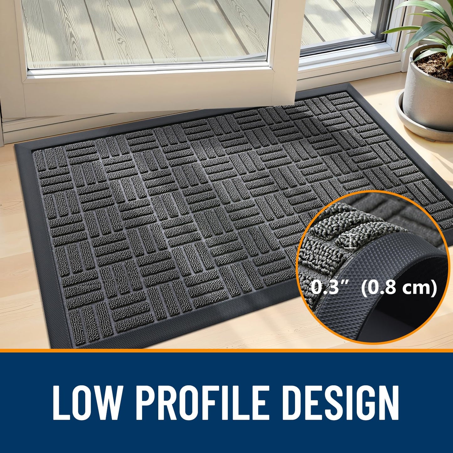 OLANLY Front Door Mat Outside Entrance 29.5x17, Absorbent, Heavy Duty Sturdy Natural Rubber Doormat Indoor Outdoor, Stain and Fade Resistant, Non-Slip Backing Low Profile Floor Mat for Entryway, Grey