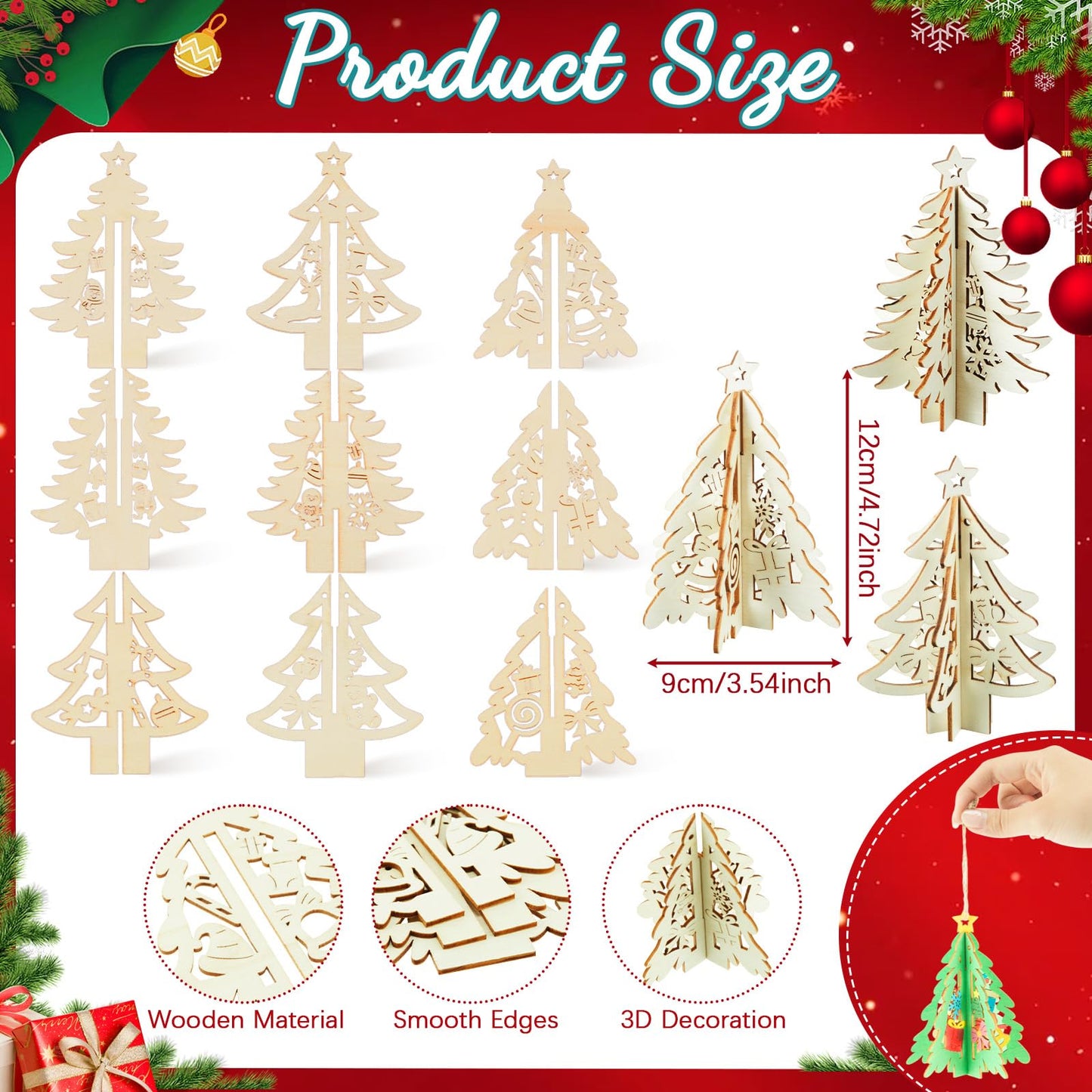 Chunful 72 Pcs Christmas Tree Wooden Crafts DIY 3D Christmas Tree Signs Xmas Unfinished Wood Cutouts Crafts Ornaments Hollow Wooden Slices Hanging Decoration for Xmas Holiday Tabletop Gifts