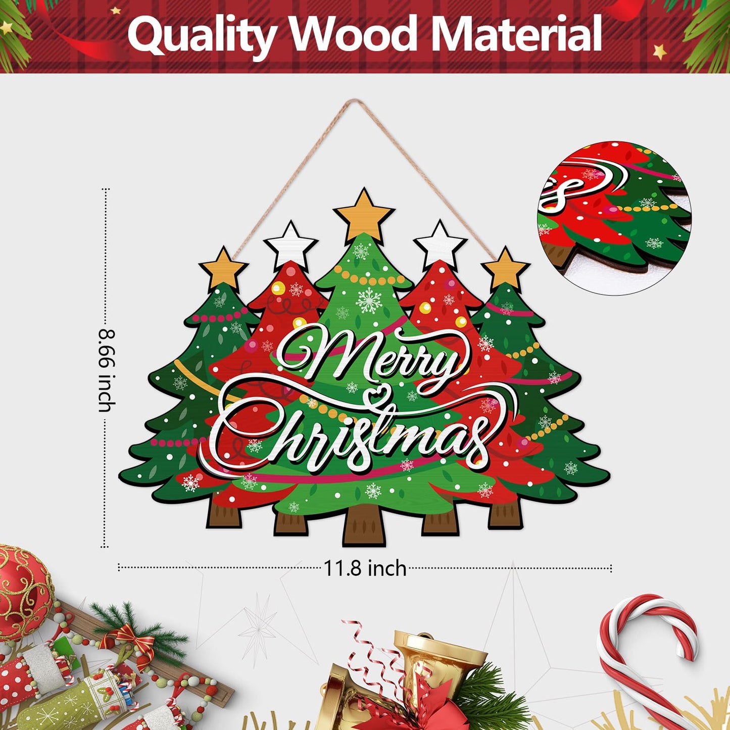 Merry Christmas Door Sign,Christmas Decor, Tree Wood, Decorations Hanging Sign,Merry Welcome Sign,Farmhouse Hanging Plaque Porch Xmas Front Outdoor Home Decor