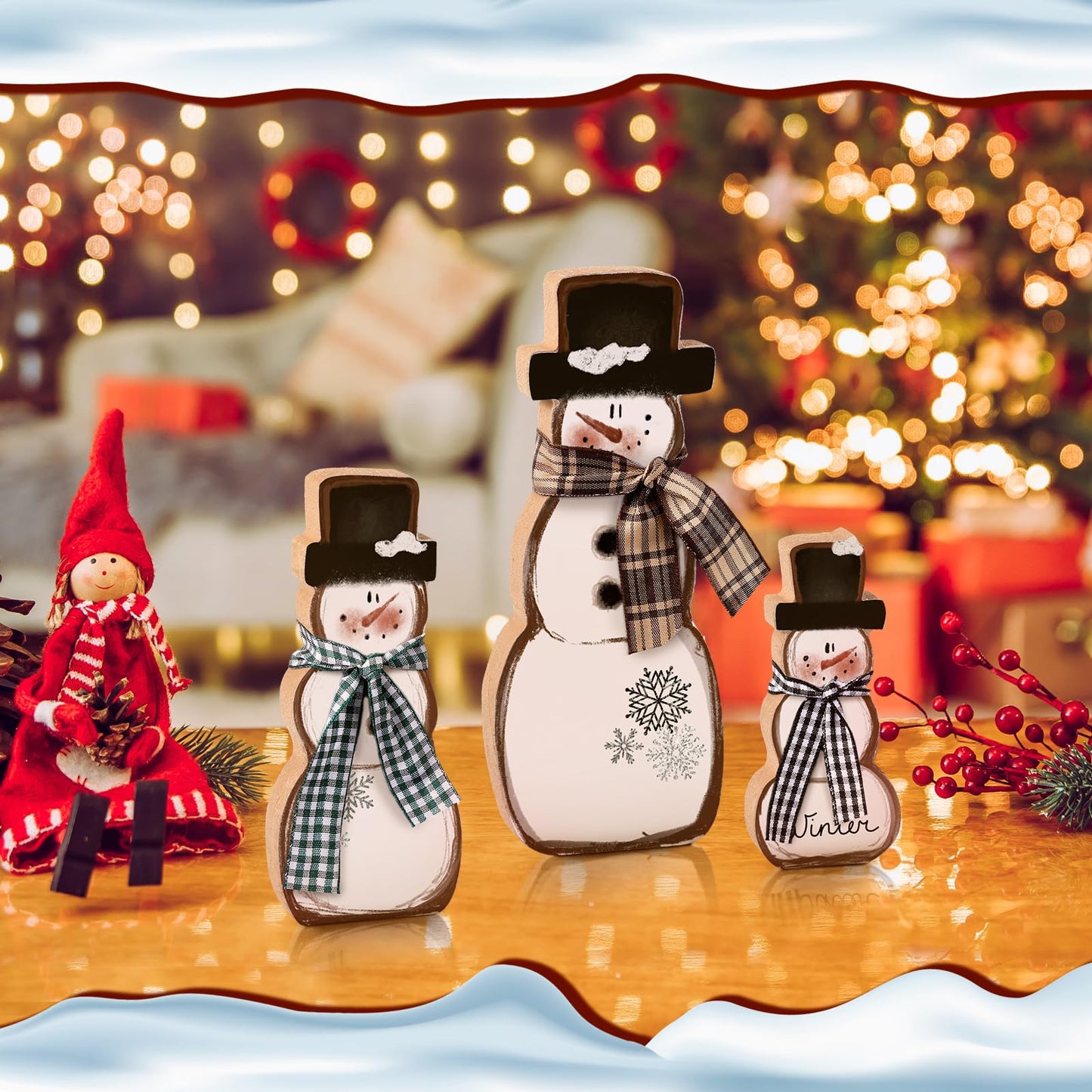 Suzile 3 Pcs Winter Table Decorations Wooden Centerpiece Block Signs Tiered Tray Desktop Figurine for Indoor Fireplace Mantel Home Decor Holiday Xmas(Brown,Snowman)