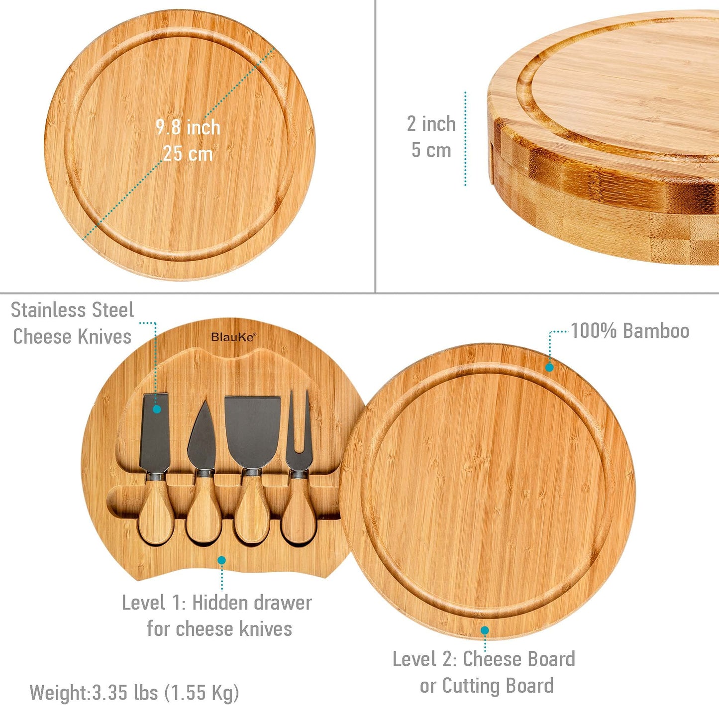 Bamboo Cheese Board and Knife Set - 10 inch Round Charcuterie Board, Serving Tray, Platter, Wood Cheese Set - Gift Idea - BlauKe®