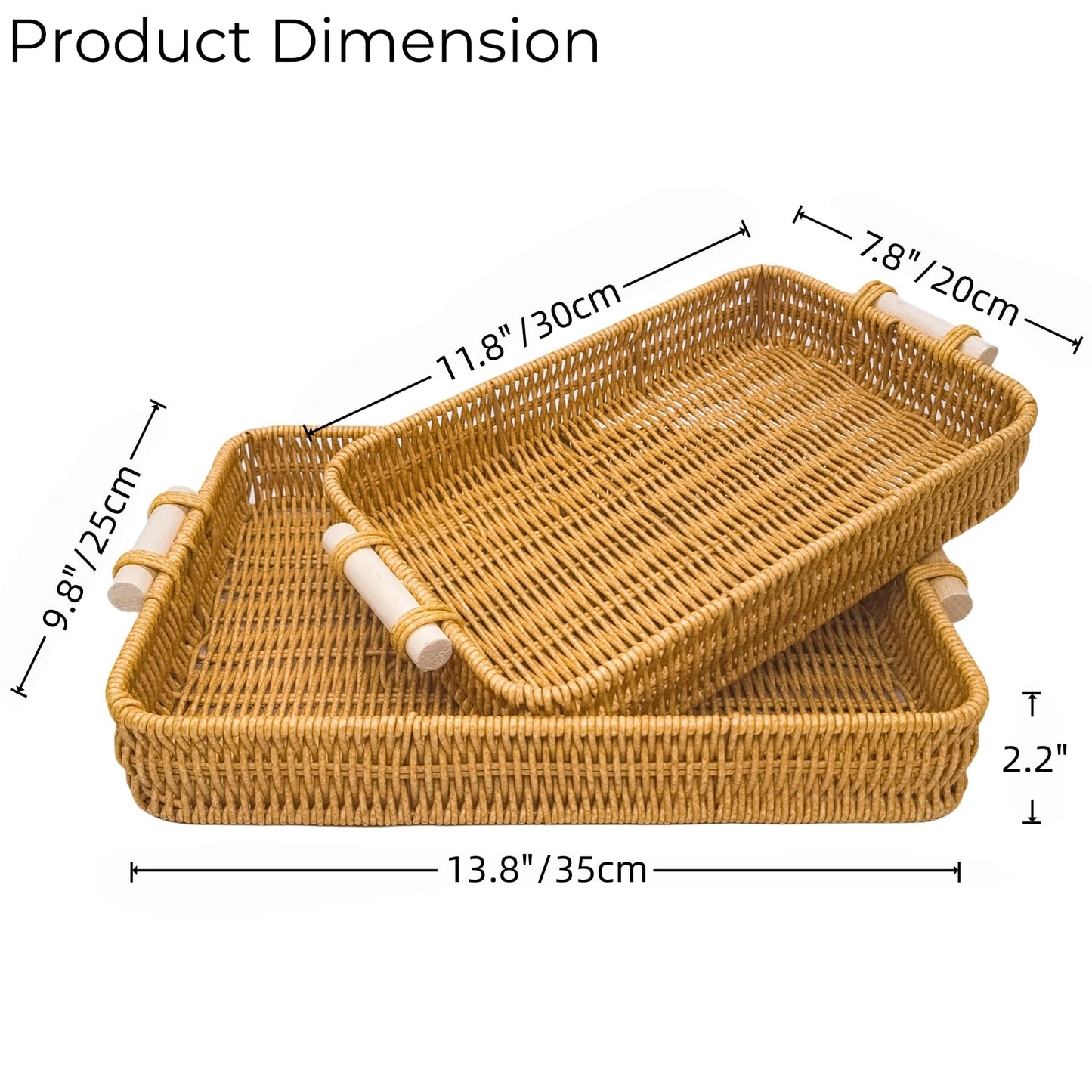 GIB Woven Baskets Serving Trays with Handle, Small Rectangle PP Wicker Rattan Trays Bread Basket for Serving Food, Vegetables, Breakfast, Coffee Table Decor, 14" & 12", Set of 2
