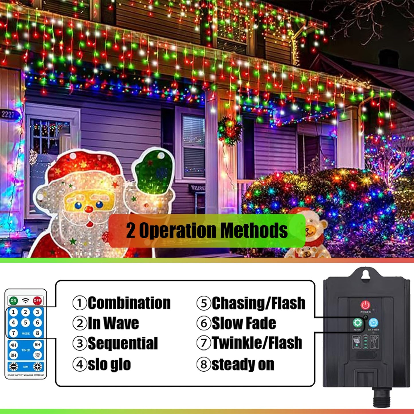 Solar Christmas Icicle Lights Outdoor,304 LED Outdoor Christmas Decorations 8 Modes Waterproof Solar Icicle Lights for Patio Yard Garden Wedding Party House Xmas Tree Roof Decorations(Red and Green)