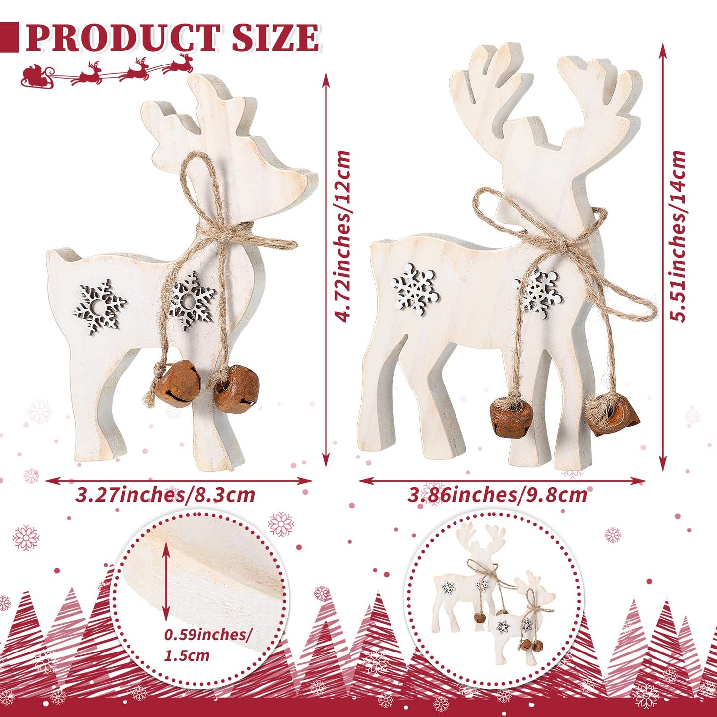 Sanwuta 2 Pieces Reindeer Christmas Decor Christmas Deer Desk Decor Indoor Rustic Reindeer Standing Tabletop Decoration Wooden Deer Table Decoration for Home Lawn Garden(Yellow Bell)