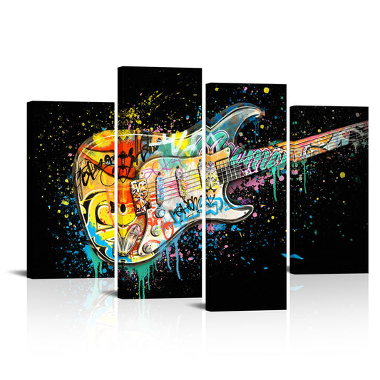 HOMEOART Music Decor Graffiti Guitar Painting Pictures Music Wall Art Framed Artwork Large 4 Pieces (Total is 48x34inch) (Black)