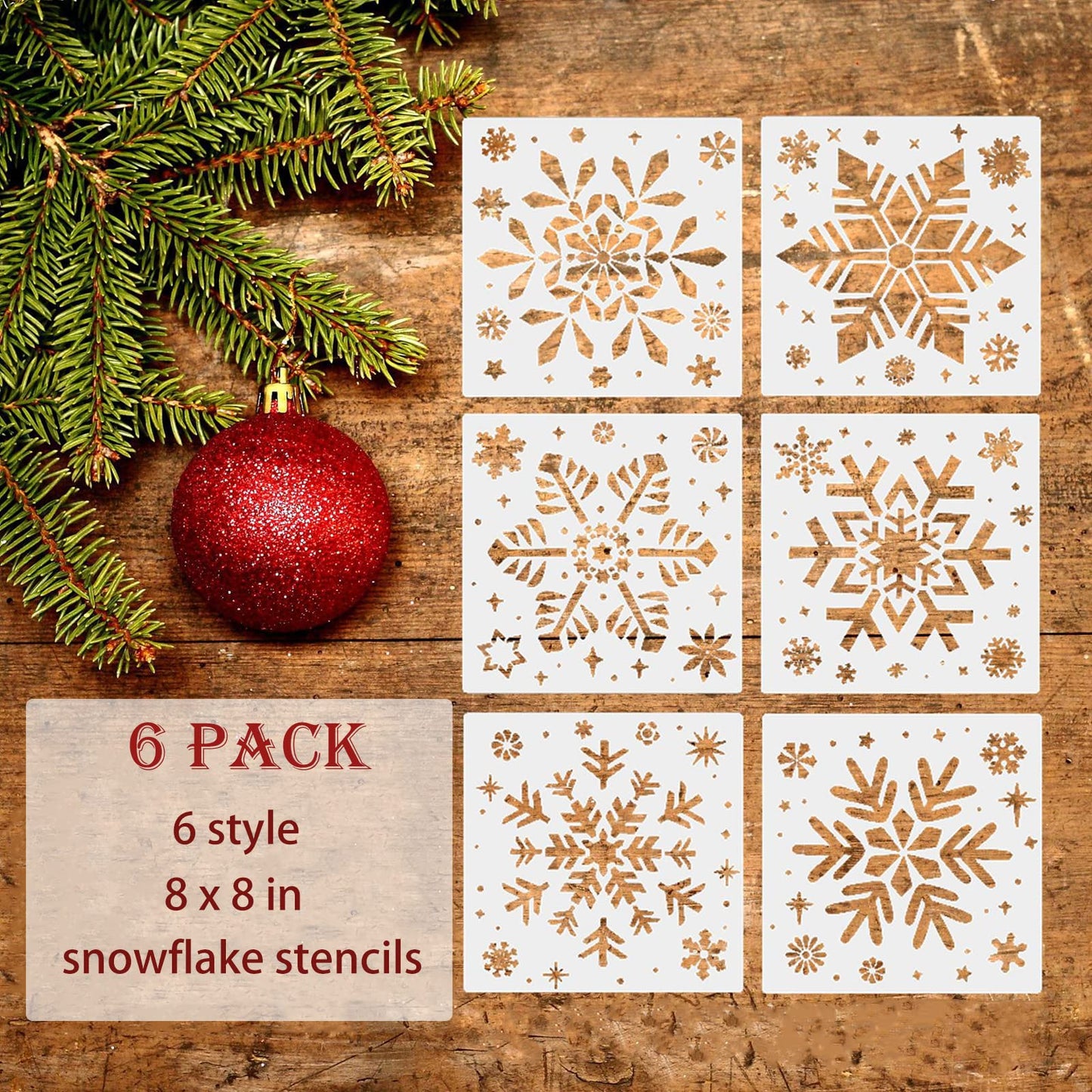 Christmas Snowflake Stencils for Painting on Wood-6 Pack Large Reusable Christmas Stencil Winter Ornament Farmhouse Christmas DIY Craft Supplies Decor 8 Inch