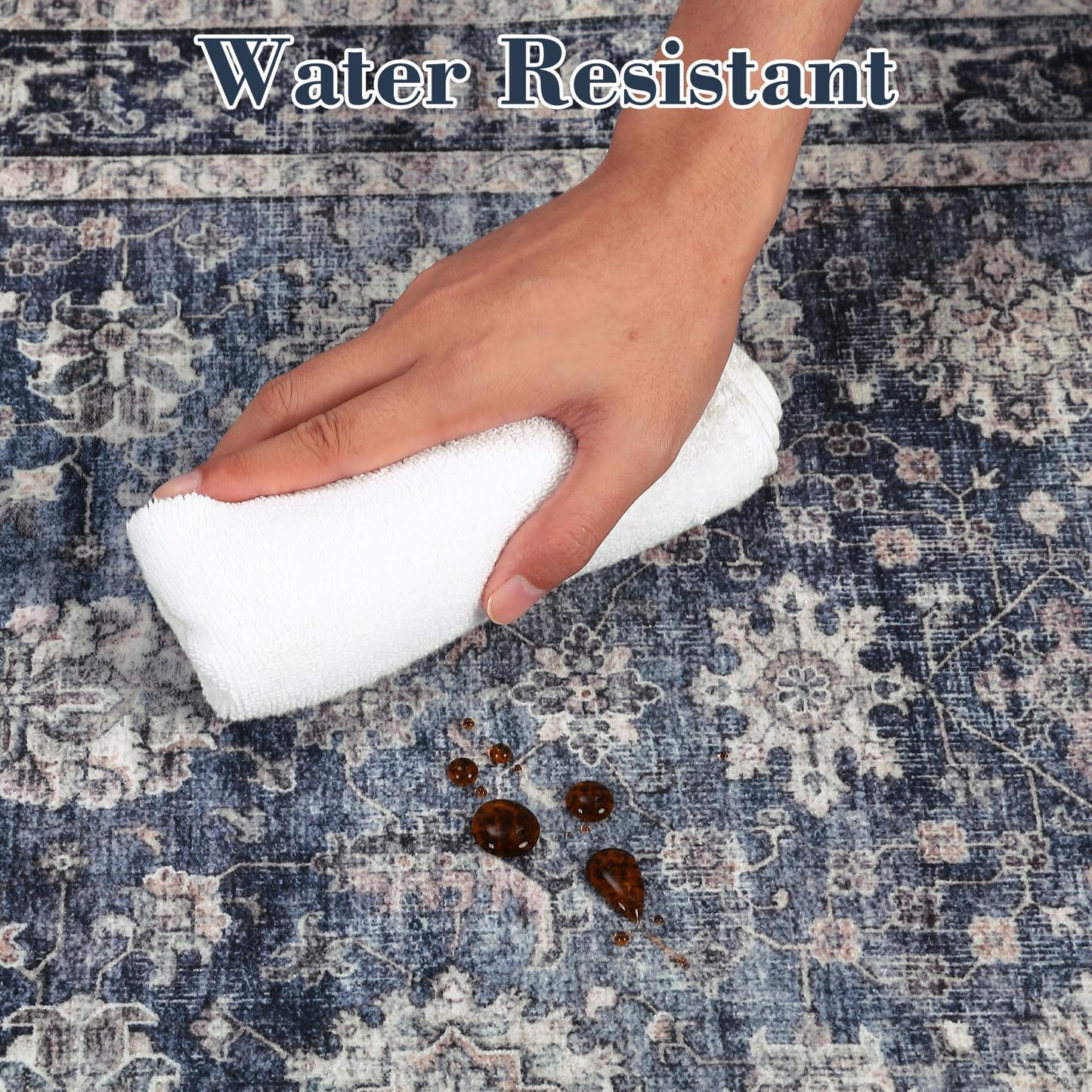GarveeHome Washable Area Rugs 5x7 Vintage Printed Accent with Non-Slip Backing, Stain-Resistant Oriental Throw Rugs, Farmhouse Low Pile Rugs for Bedroom, Living Room, Blue