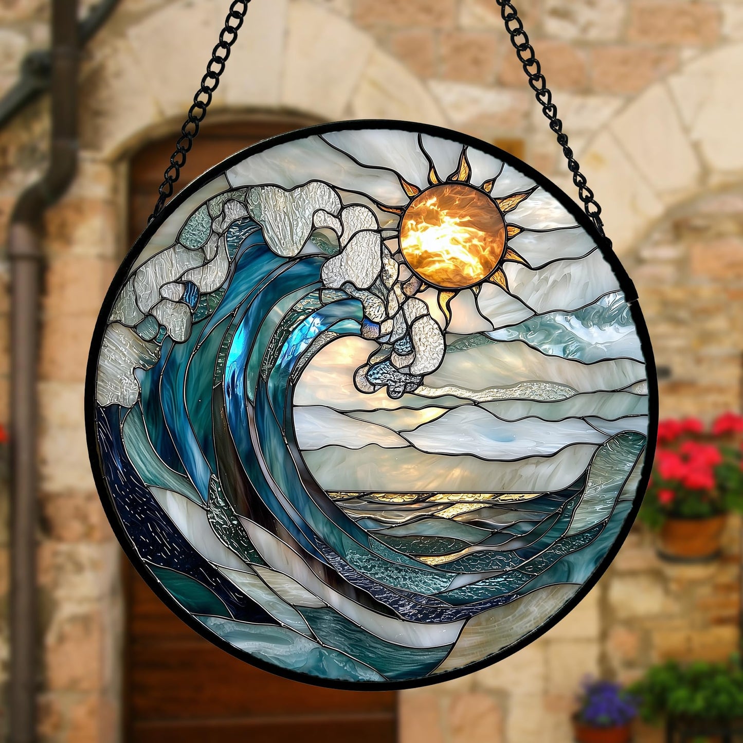 DASTOLL Stained Glass Window Hanging, Blue and White Waves Suncatcher Diamond Glass Panel Landscape Sun Catchers Decor for Birthday for Women, Men, Wife, Aunt, and Mom 6.3 x6.3 in