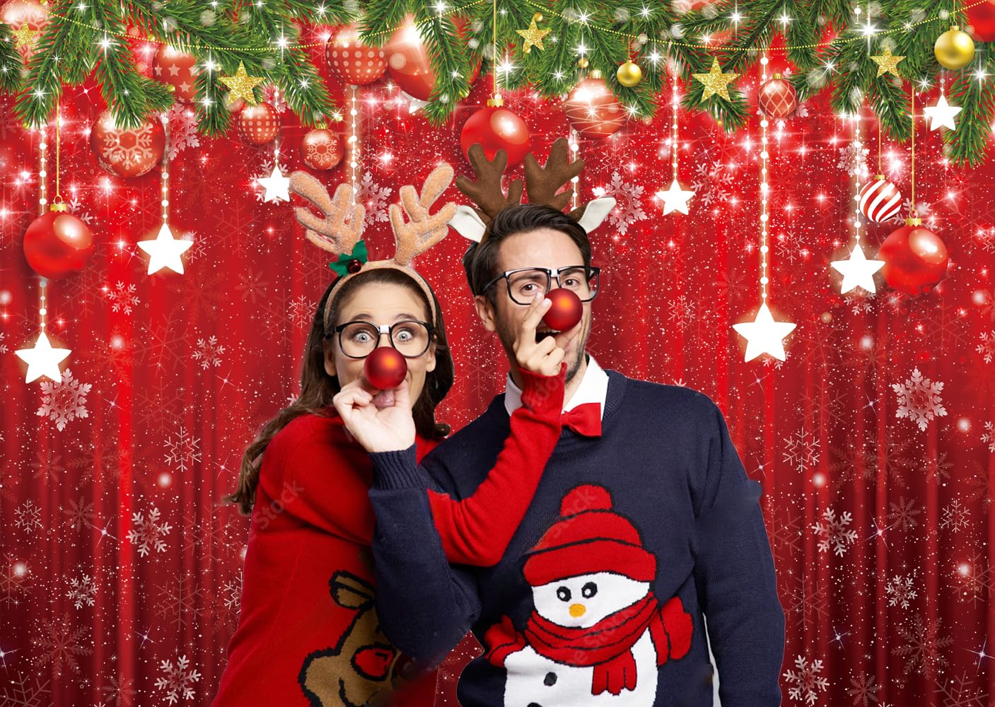 LTLYH 7x5ft Christmas Photography Backdrop Red Glitter Snowflake Star Hanging Ornaments Holiday Photo Background Xmas Party Decorations Holiday Photo Background 113