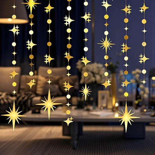 Glitter Gold Star Circle Dot Garland 30 Feet Twinkle Gold Star Circle Dot Ceiling Hanging Banner Backdrop for Birthday Wedding Baby Shower Graduation Disco Party Decorations