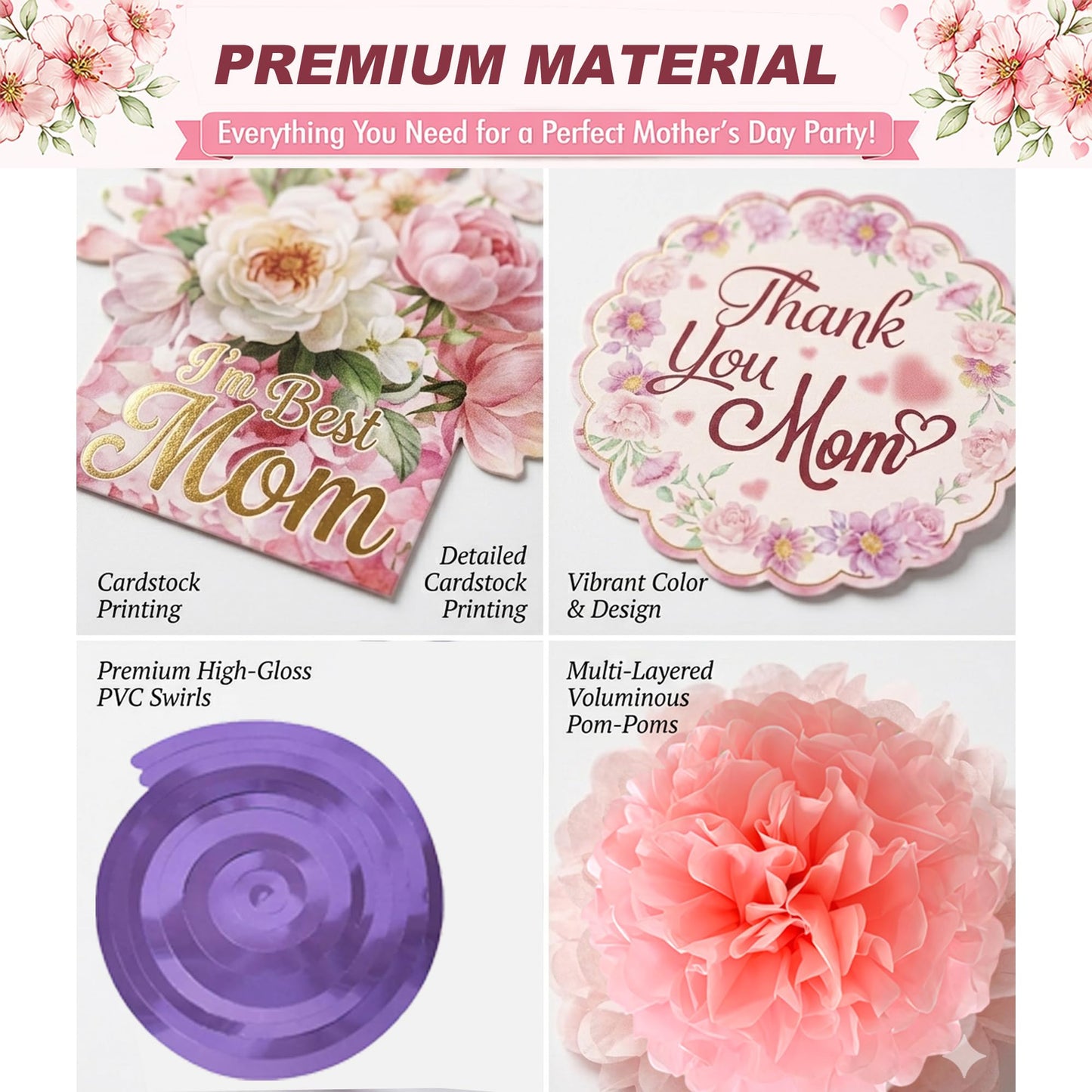 Mother's Day Decorations Set - Happy Mother's Day Banner, 6PCS Paper Pom Poms, 13Pcs Hanging Swirls with Best Mom Cardstock Cutouts - Floral Pink Party Supplies for Home, Mantle, Wall Decor
