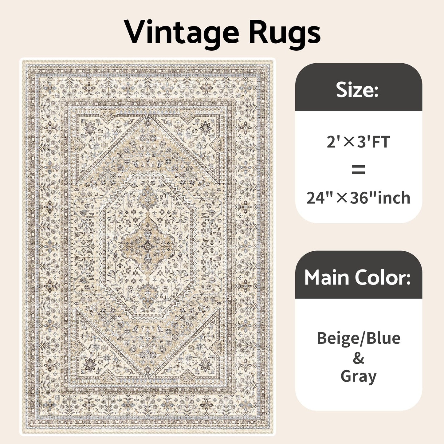 Puino Washable Entryway 2x3 Rug: Small Boho Rugs for Indoor Entrance Non Slip Backing Stain Resistant Carpet Low Pile Throw Rugs for Bedroom Bedside Inside Front Door Floor Kitchen Decor(Beige,2x3FT)