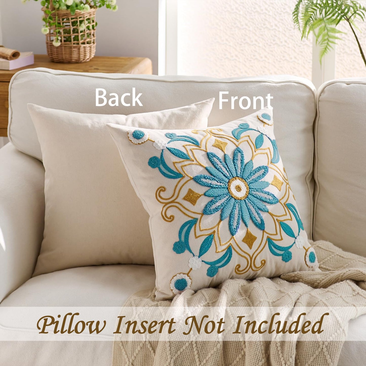 Kuderiy Embroidered Throw Pillow Cover 18x18 Classic Boho Floral Pattern Pillows Cover Outdoor Decorative Pillowcase,Durable Cozy Textured Cushion Case for Sofa Couch Bed Living Room,Teal