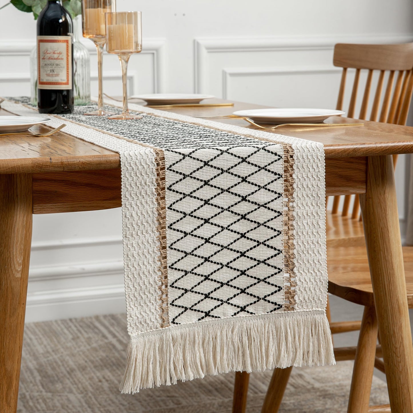Mayler Yee Table Runner Linear End, Boho Style with Tassels, Cotton & Linen, Farmhouse Home Decor for Living Room Dresser Scarfs (12x72Inch, Black & Beige)