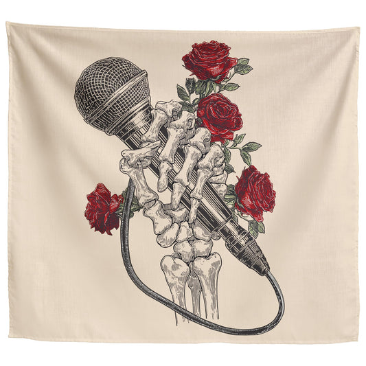 Elmsfell Eternal Rhythm Skeleton Hand Tapestry - Vintage Microphone with Red Roses Tattoo Art, Gothic Hip Hop Music Aesthetic, Artistic Wall Hanging for Studio Bedroom Dorm Decor (50x60)