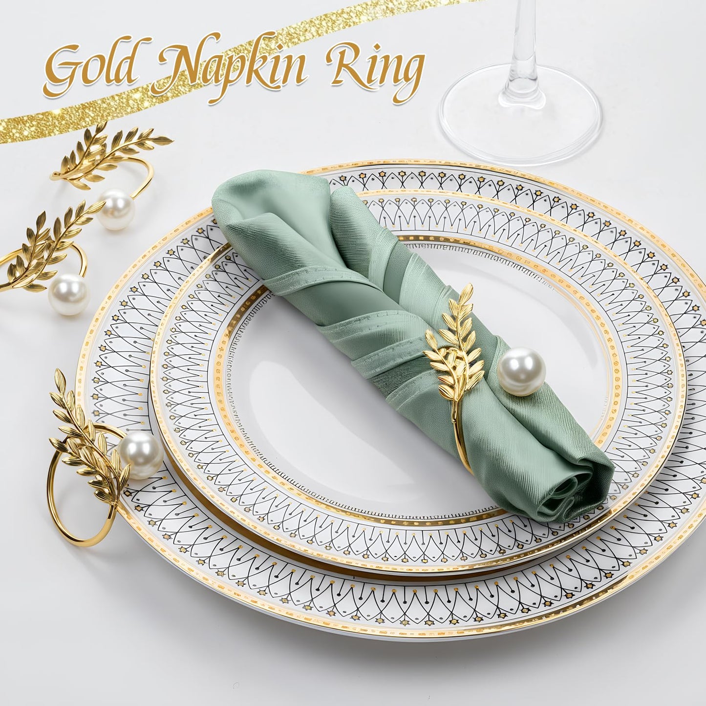 FrutPunch Gold Napkin Rings, Metal Wheat Ear Pearl Shaped Napkin Rings Set of 12, Suitable for Family Dinner, Wedding, Party, Table Decoration, Christmas