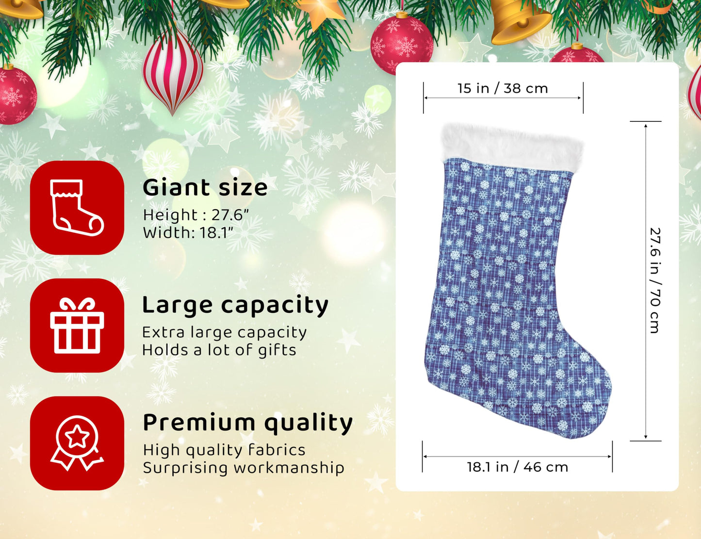 MSYO Giant Christmas Stocking - Super Soft Velvet Buffalo Plaid with Plush Cuff, Extra Large Xmas Stocking for Fireplace, Stairs, Mantel - Festive Holiday Home Decor for Christmas Tree(Blue)