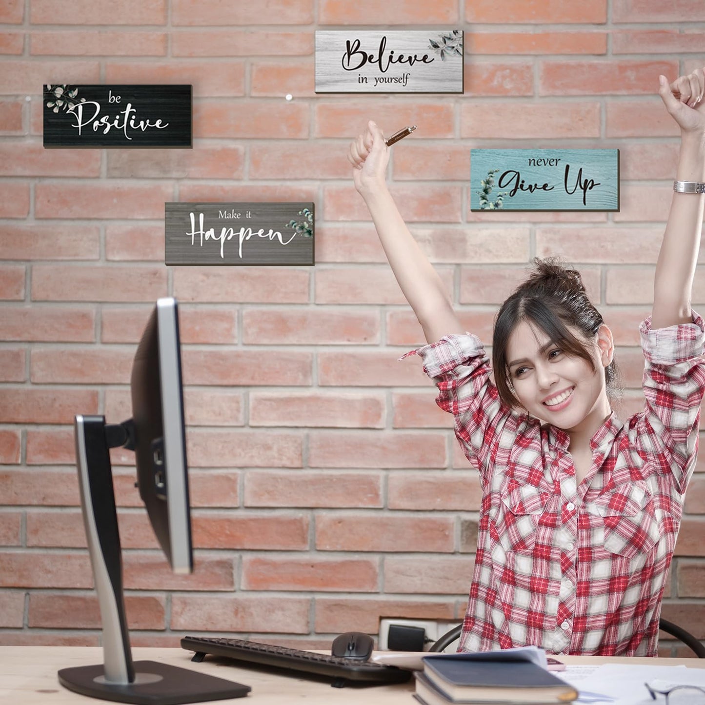 FENCORDAR 4 Pcs Office Decor For Women Motivational Wall Decor Rustic Inspirational With Positive Sayings Wooden Hangings for Home Office Bathroom Bedroom Kitchen(Fresh 10x4")