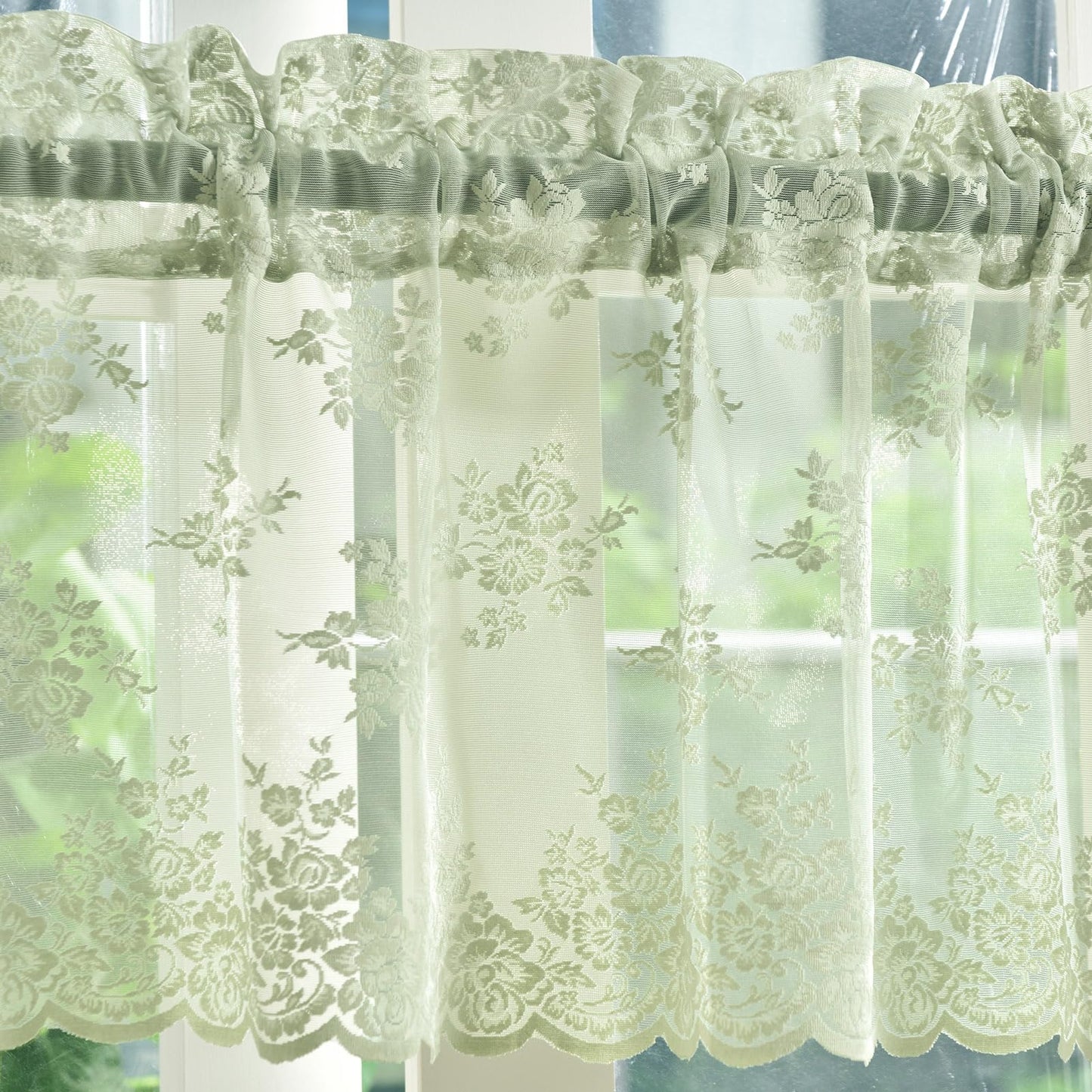 Kotile Light Sage Green Sheer Valance Curtain for Windows, Rustic Floral Muted Green Window Lace Curtain 18 Inch Length, Rod Pocket Light Filtering Valance, 52W x 18L Inch, 1 Panel