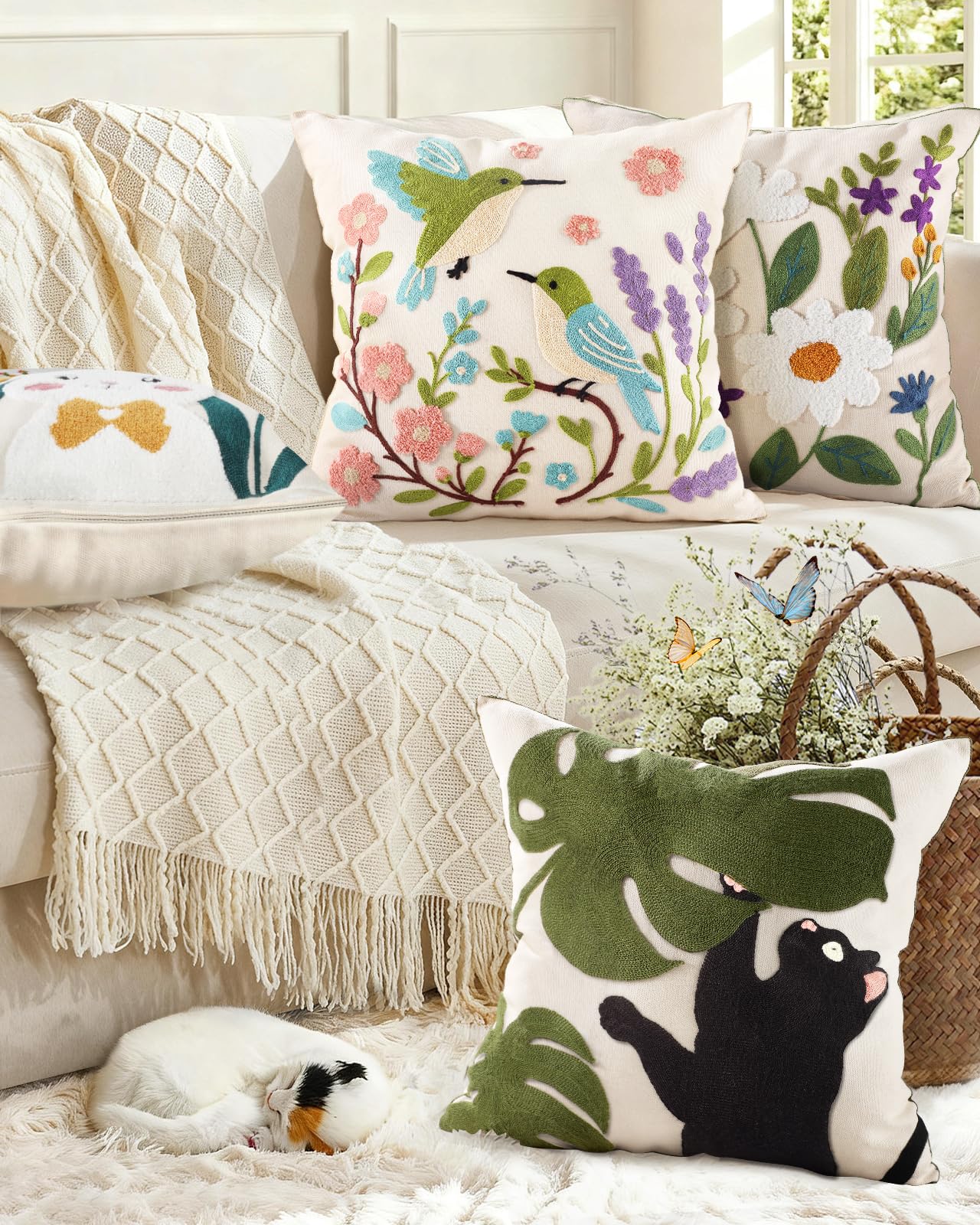 Kokaaee Spring Pillow Cover 18x18 Inch – Embroidered Summer Throw Pillow Cover Flowers Birds Farmhouse Decorative Cushion Case with Hidden Zipper Decoration for Couch, Sofa, Living Room(1 Pack)