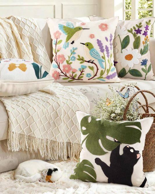 Kokaaee Spring Pillow Cover 18x18 Inch – Embroidered Summer Throw Pillow Cover Flowers Birds Farmhouse Decorative Cushion Case with Hidden Zipper Decoration for Couch, Sofa, Living Room(1 Pack)