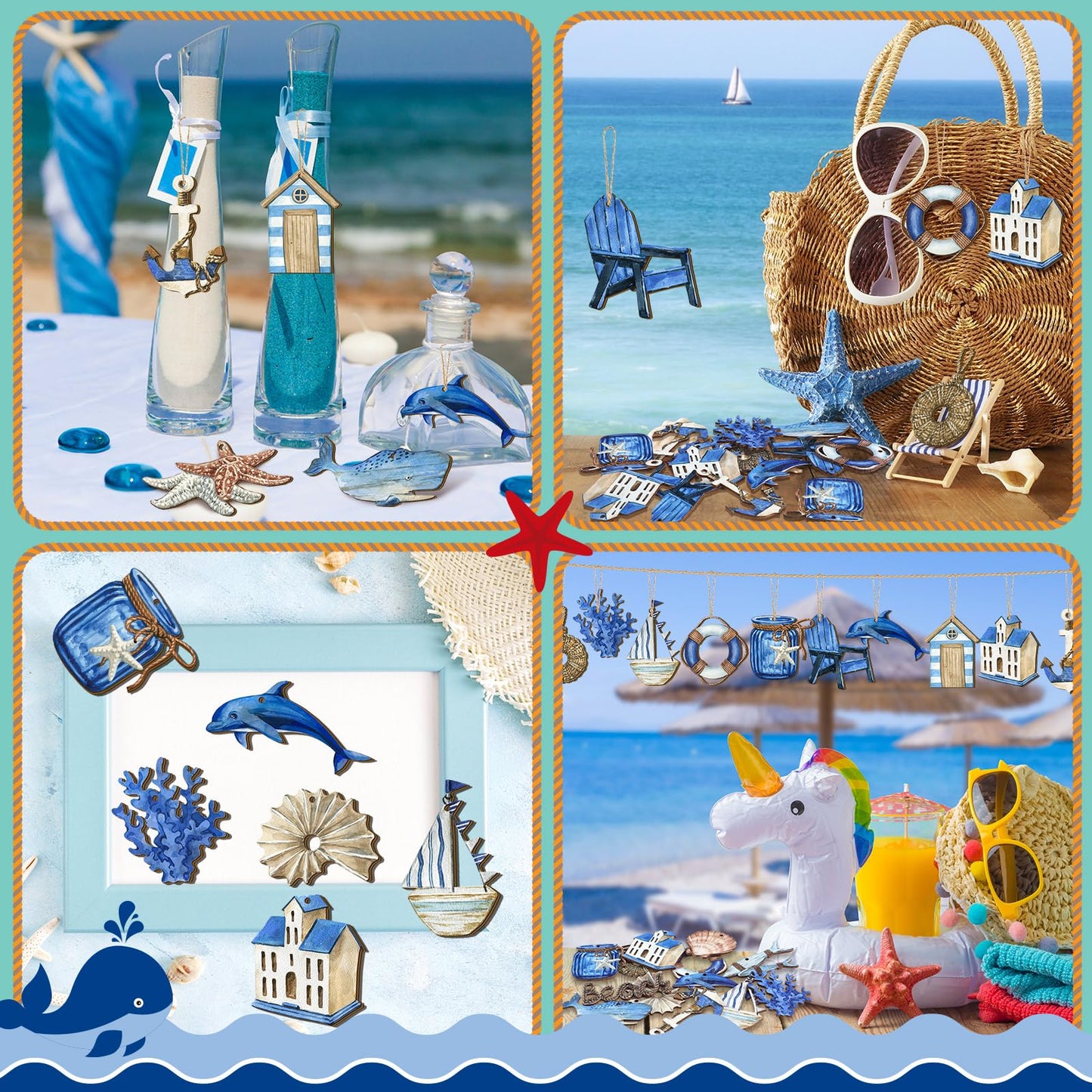 Maitys 36 Pcs Beach Wooden Ornaments Ocean Summer Tree Decorations Coastal Nautical Seaside Wood Cutouts Navigation Hanging Ornaments Xmas Decorations for Home Tree Wall Wreath Crafts(Ocean)