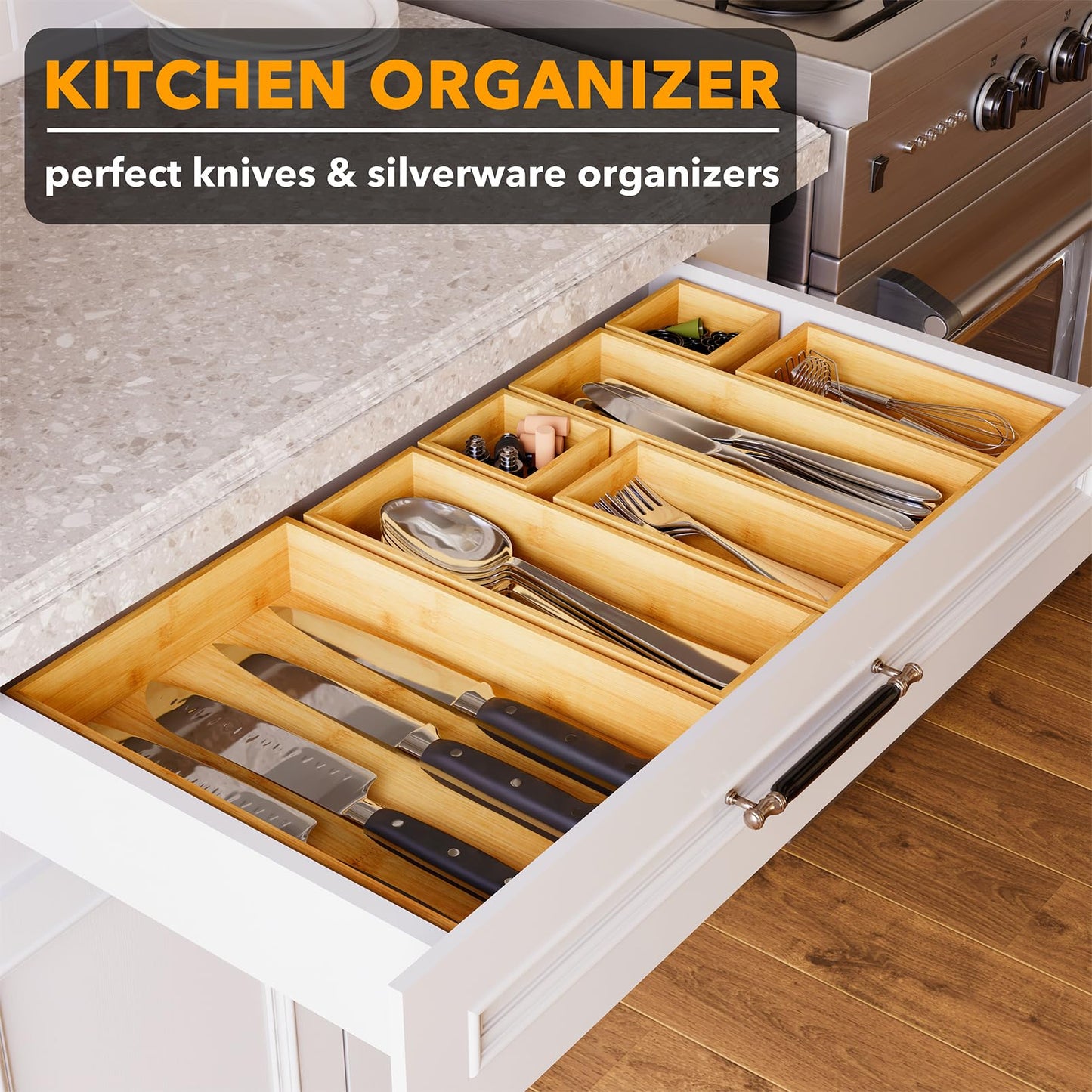 SpaceAid 7-Piece Bamboo Drawer Organizer Storage Boxes Set, Wood Tray Junk Drawer Organizers Multi-Use Divider Bins for Kitchen, Bathroom, Office Desk and Makeup Organization (7 Pack, Natural)