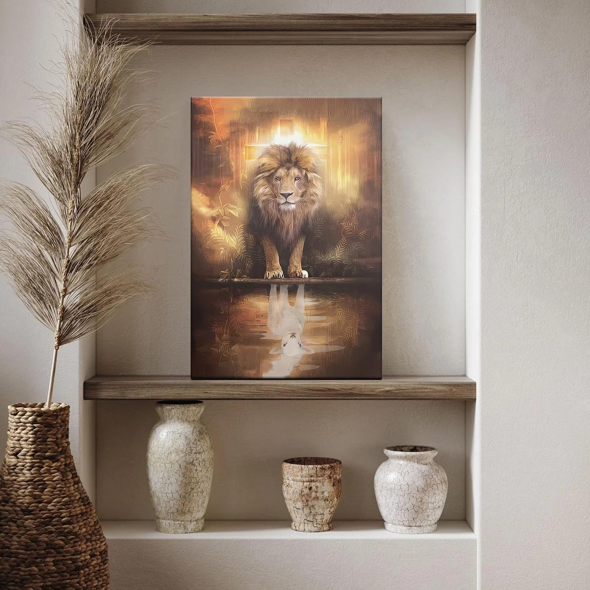Framed Animal Print Majestic Lion Canvas Wall Art Spiritual Jungle Poster Inspirational Christian Painting Nature Wildlife Gallery Wrap Print for Home Decor 12x16 Inch Ready to Hang