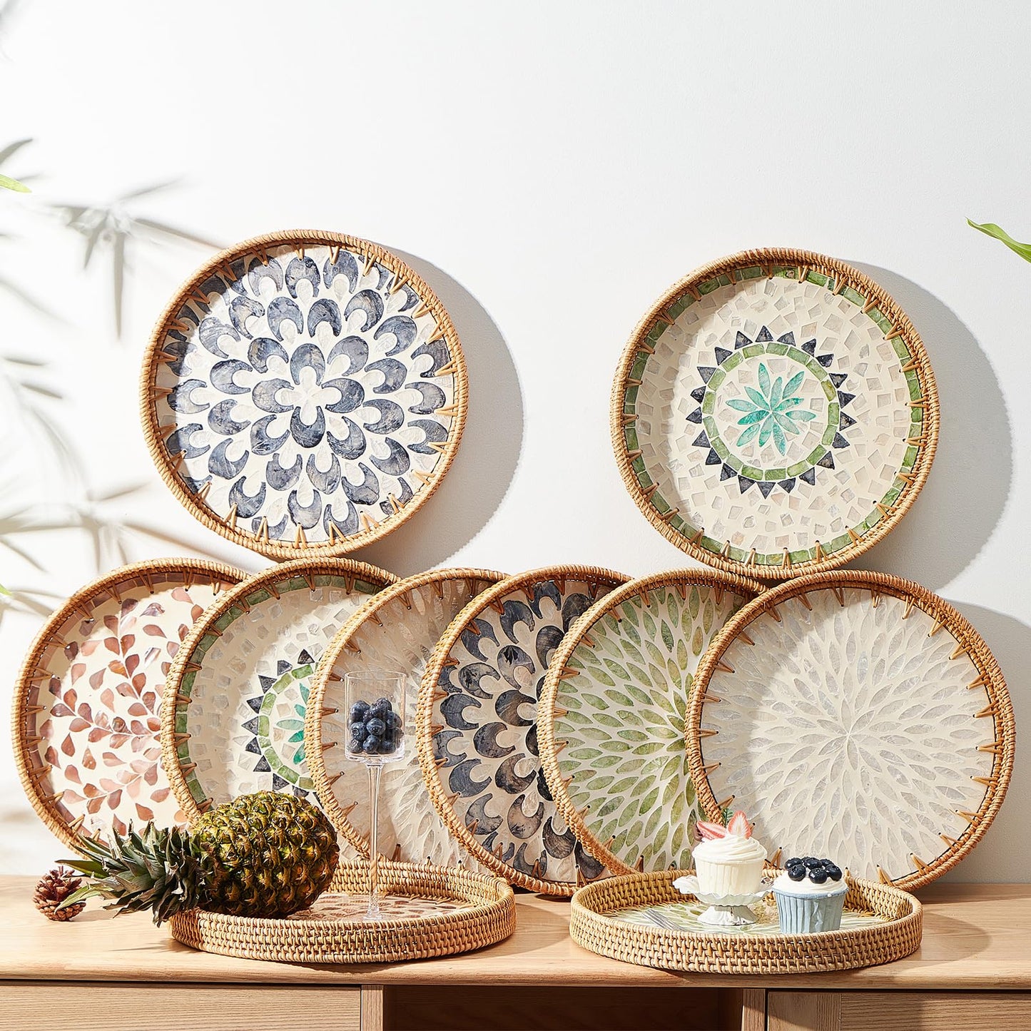 Kmelep Round Rattan Tray with Mother of Pearl Inlay, Rattan Serving Tray with Wooden Base, Decorative Wicker Basket for Table Decor, Storage and Display of Coffee Bread Food Fruit (Leaf 2)