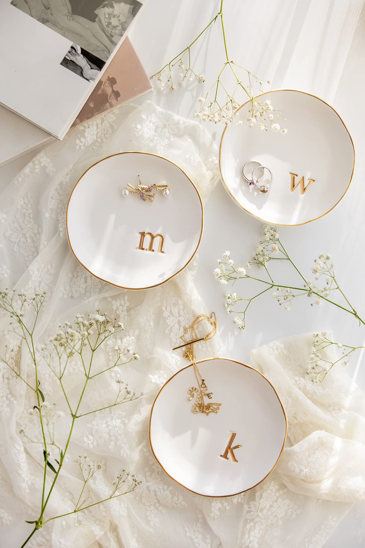 COLLECTIVE HOME - Ceramic Jewelry Tray, Decorative Trinket Dish for Rings Earrings Necklaces Bracelet Watch Keys, Birthday Mother's Day Christmas Gift for Women, 4.75", White Surface (S)