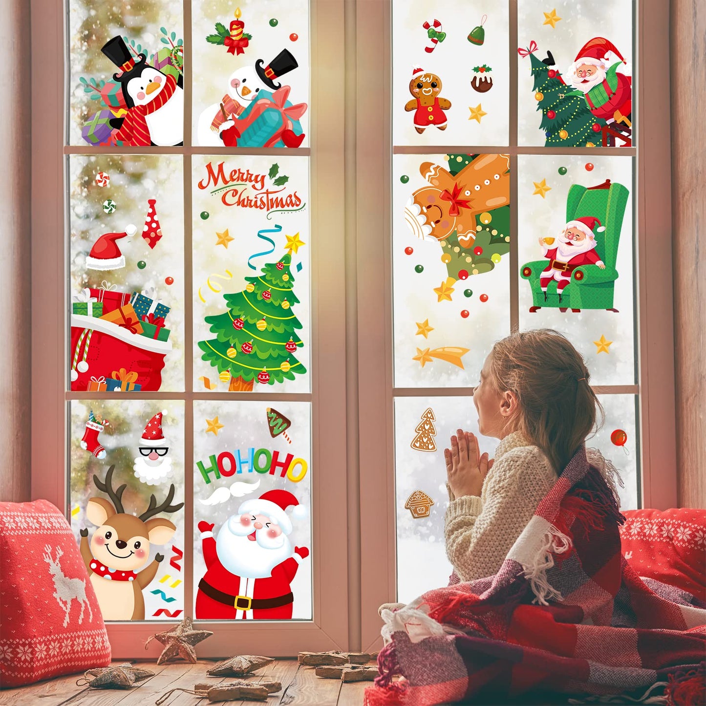 Christmas Window Clings, Christmas Window Decorations Santa Snowman Reindeer Xmas Snowflake Merry Christmas Window Clings, Double-Side Window Stickers for Party Xmas Decorations Home School (9 Sheets)