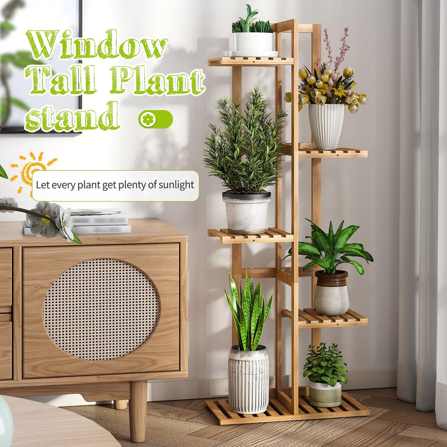BMOSU Bamboo Plant Stand for Indoor Outdoor Plants Corner Tall Plant Shelf 6 Potted Holder Shelf Plant Rack Holder Display Rack(Natural)
